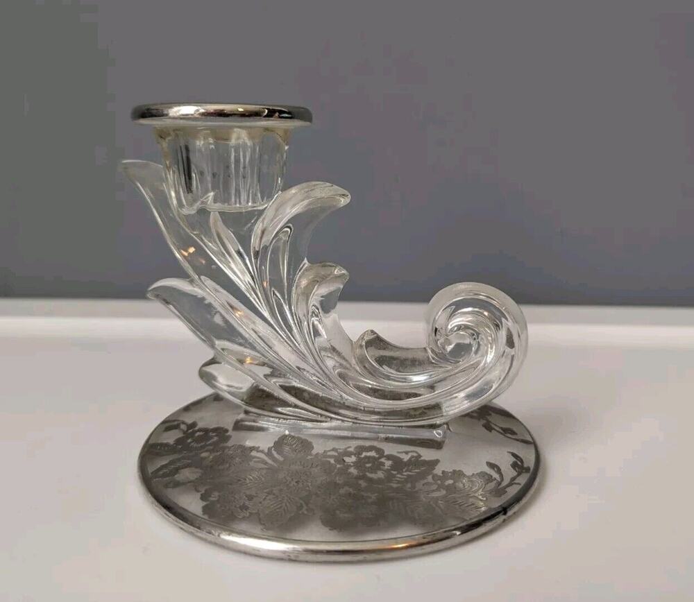 Vintage Fostoria Baroque Taper Candlestick Holder Floral Etched Base 1940's